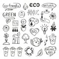 Eco doodle set. Ecology energy and electricity doodles. Environmental saving sketch elements. Green and recycle Royalty Free Stock Photo