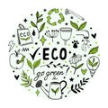 Eco doodles vector set. Symbols of environmental care - recycling, water saving, natural energy