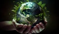 eco earth day concept. hand holding young plant in black nature background - AI Generative