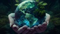 eco earth day concept. hand holding young plant in dark nature background - AI Generative