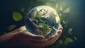 eco earth day concept. hand holding young plant in dark and soft nature background - AI Generative