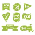 Eco emblem. Oganic food icons. bio products stamp. green ecology market. vector hand drawn set Royalty Free Stock Photo
