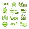 Eco emblems. Organic bio logo, fresh green food stickers. Vegetarian badge, high quality agriculture market goods Royalty Free Stock Photo