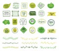 Eco emblems. Organic logo, green leaf borders. Natural fresh food stamps. Doodle branches, nature ornament. Vector Royalty Free Stock Photo