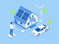 Eco energy and Ecology concept. Green energy an eco friendly modern house. Renewable energy solar and wind power Royalty Free Stock Photo
