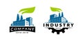 Eco energy factory with leaf logo. Industrial manufacturing concept. Nature industry symbol vector