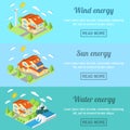 Eco energy horizontal banner set with low-energy houses. Wind turbine, solar panels and hydro power plant .For web design, mobile Royalty Free Stock Photo