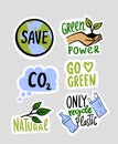 Eco environment stickers. Set emblems with lettering and green phrases