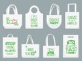 Eco fabric bag. Say no to plastic bags, polythene refuse ban slogan and textile shopping handbag vector illustration