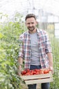 Portrait of mid adult farmer carrying tomatoes in crate at farm