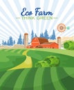 Eco farm. Agriculture vector illustration. Colorful countryside. Poster with vintage farm Royalty Free Stock Photo