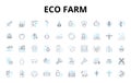 Eco farm linear icons set. Sustainability, Organic, Green, Permaculture, Biodiversity, Conservation, Regenerative vector
