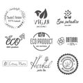 Eco food, organic bio products, eco friendly, vegan icons, ecology. Set of vector logo, badges, labels and logotype Royalty Free Stock Photo