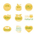 Eco food, organic bio products, eco friendly, vegan icons, ecology. Set of vector logo design elements Royalty Free Stock Photo