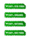 100% Eco food, organic, natural, bio food green grunge stickers set Royalty Free Stock Photo