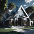 Eco Frendly Green Enviroment Modern Home Exterior House, Solar Panels On Roof, Large Windows, Green Yard, generative AI