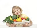 Eco fresh grown food concept.Child holding basket with organic fruits and vegetables. Healthy kid`s nutrition Royalty Free Stock Photo