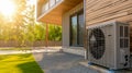 Eco-friendly air conditioning system outdoors in a modern house. Eco-housing, energy-saving houses, and earth-friendly images.