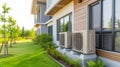 Eco-friendly air conditioning system outdoors in a modern house. Eco-housing, energy-saving houses, and earth-friendly images.