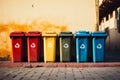 Eco friendly array Colorful recycling bins neatly lined up on a wall