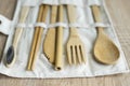 Eco friendly bamboo cutlery set in a case on a table. Zero waste concept. Set of bamboo cutlery in a case on a laying on