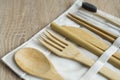 Eco friendly bamboo cutlery set in a case on a table. Zero waste concept. Set of bamboo cutlery in a case on a laying on