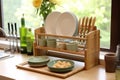 eco-friendly bamboo dish rack in kitchen