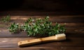 Eco-friendly bamboo toothbrushes and eucalyptus leaf on green background. Natural organic bathroom beauty product