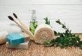 Eco-friendly bamboo toothbrushes, natural handmade organic soap, luffa