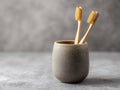 Eco-friendly bamboo toothbrushes standing upright in a textured ceramic holder on a neutral gray surface with soft natural Royalty Free Stock Photo