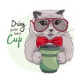 Eco-friendly banner. Cat, lettering Bring your cup. Green lifestyle. Free plastic container for drinks. Vector