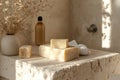 eco-friendly bath setup, organic, eco-friendly soap bars displayed on a stone slab in a serene bathroom with minimalist Royalty Free Stock Photo