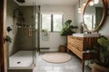 eco-friendly bathroom remodel, with new showerhead and fixtures, eco-friendly products, and organic bath rug