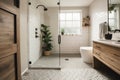 eco-friendly bathroom remodel, with new showerhead and fixtures, eco-friendly products, and organic bath rug