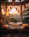 Eco-Friendly Bedroom in Boho Style Surrounded by Green Jungle - Exemplifying Trendy and Comfortable Home Interiors Royalty Free Stock Photo