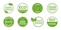 Eco friendly, bio logo set. Organic icon. Vegan ecology product stamp. Nature fresh food. Vegetarian plant badge