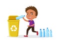 Eco-friendly boys throw plastic bottles in the recycling bin. Little boy throws plastic waste into the recycling bin cartoon