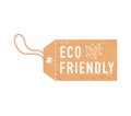 Eco friendly brown tag with leaf symbol. Recyclable label with string and typography. Environmental and sustainability Royalty Free Stock Photo