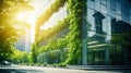 Ecology Concept : Eco-friendly building in the modern city. Sustainable glass office building with tree for reducing carbon Royalty Free Stock Photo