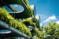 Eco-friendly building in the modern city. Sustainable glass office building with tree for reducing carbon dioxide. Office building