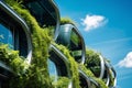 Eco-friendly building in the modern city. Sustainable glass office building with tree for reducing carbon dioxide. Office building