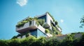 Eco-friendly building in the modern city. Sustainable glass office building with tree for reducing carbon dioxide. Office building