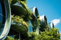 Eco-friendly building in the modern city. Sustainable glass office building with tree for reducing carbon dioxide. Office building