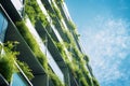 Eco-friendly building in the modern city. Sustainable glass office building with tree for reducing carbon dioxide. Office building