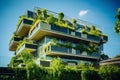 Eco-friendly building in the modern city. Sustainable glass office building with tree for reducing carbon dioxide. Office building