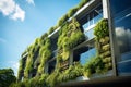 Eco-friendly building in the modern city. Sustainable glass office building with tree for reducing carbon dioxide. Office building