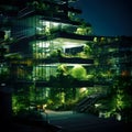 Eco-friendly building in modern city. Sustainable glass office building with trees for reducing CO2. Energy-efficient building in Royalty Free Stock Photo