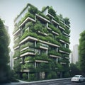 Eco friendly building with vertical garden in modern city. Green plant and tree forest and ivy on facade on sustainable building Royalty Free Stock Photo