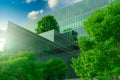 Eco-friendly building with vertical garden in modern city. Green tree forest on sustainable glass building. Energy-saving Royalty Free Stock Photo