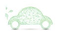 Eco friendly car and leaves form lines and triangles, point connecting network background. Ecology concept
